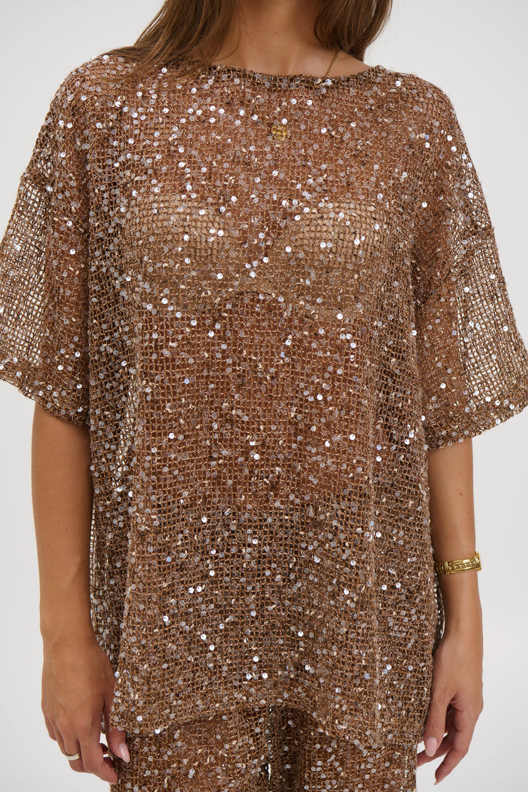 By Frankie Mocha Sequins Oversized Knit Tee