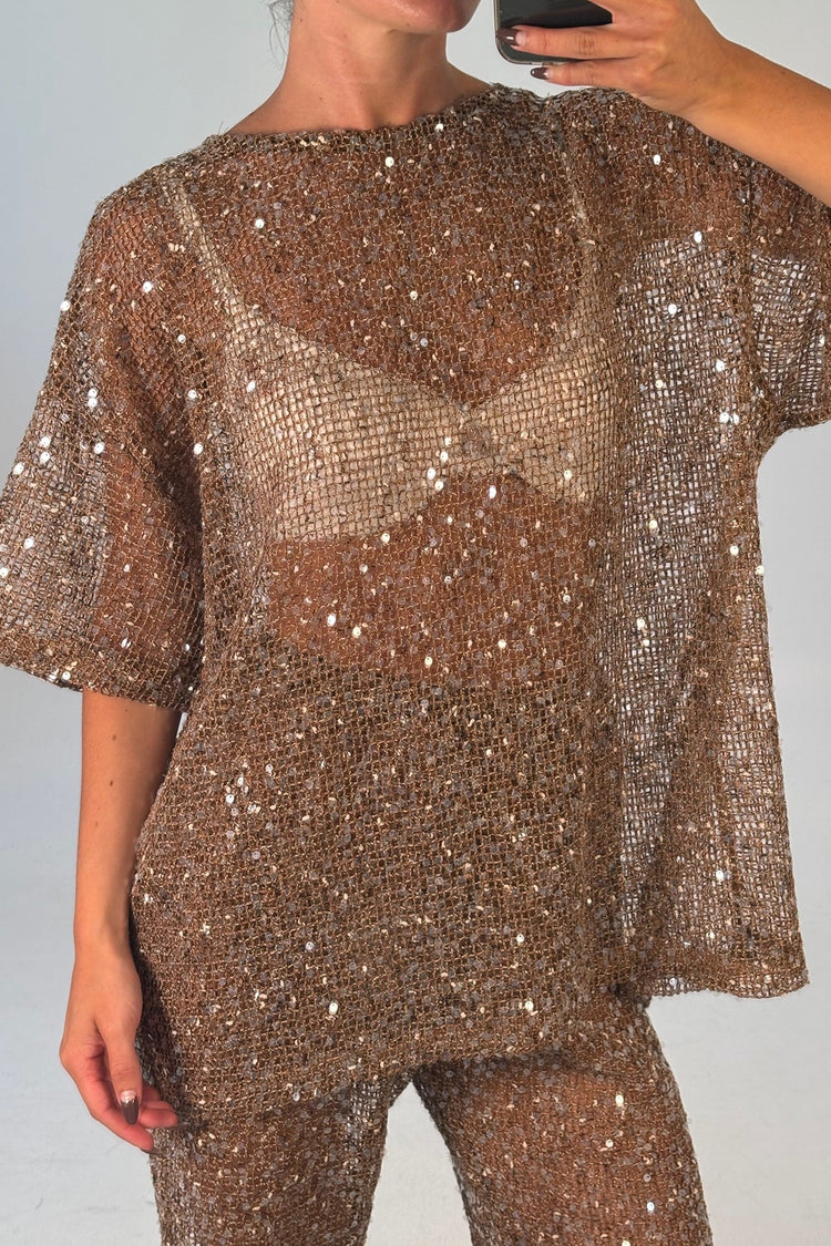 By Frankie Mocha Sequins Oversized Knit Tee