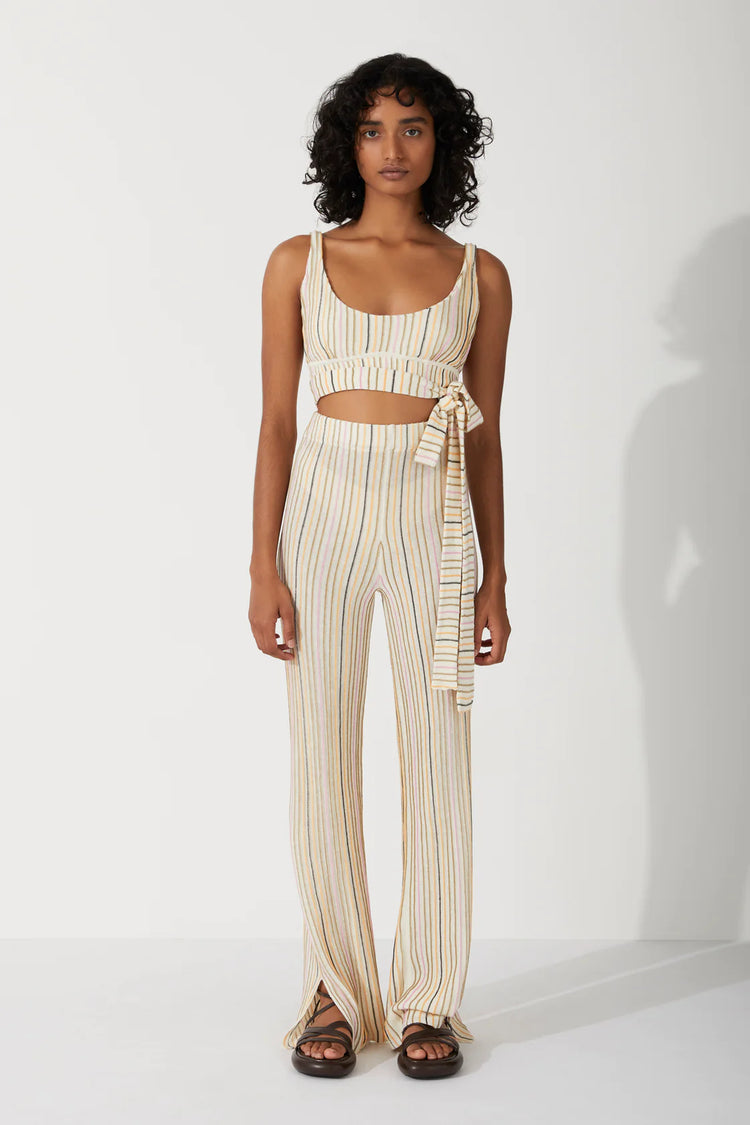 MANDARIN STRIPE ORGANIC LINEN AND BLEND WRAP KNIT TOP