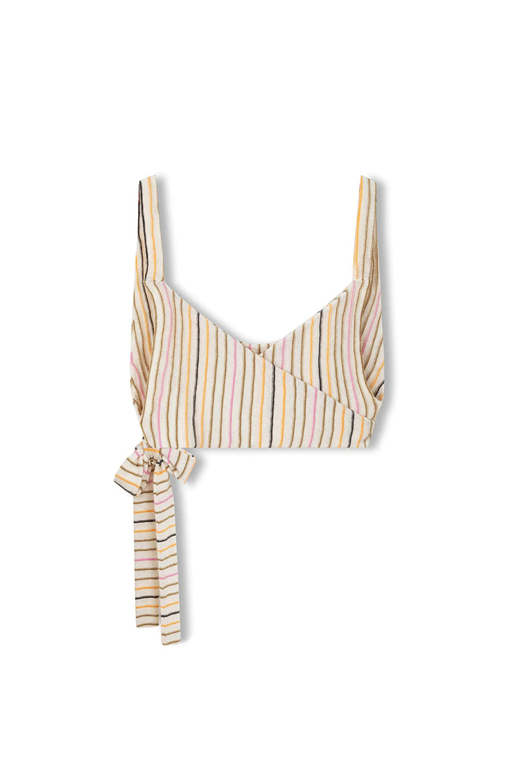 MANDARIN STRIPE ORGANIC LINEN AND BLEND WRAP KNIT TOP