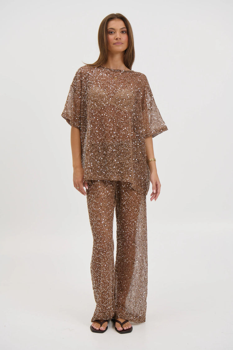 By Frankie Mocha Sequins Oversized Knit Tee