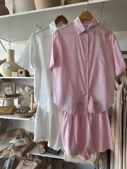 White/Beige Wave Short Linen Set