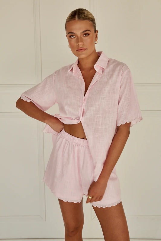 Pink Scallop Hem Linen Short Set